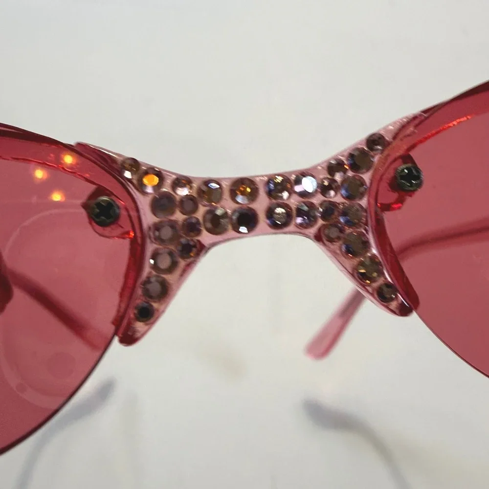 Pink Rimless Cat Eye Sunglasses Rhinestone Bridge Hand Polished Frame Y2K Retro